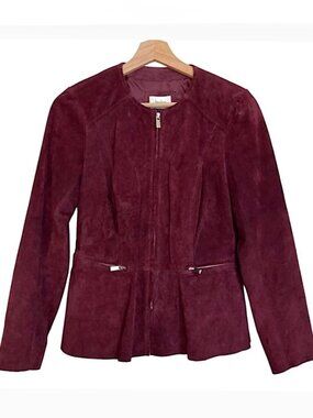 NEIMAN MARCUS Suede Leather Zip Front Collarless Jacket